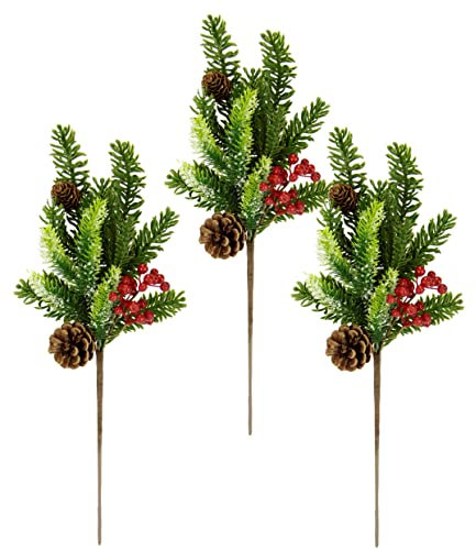 Künstlicher Tannenzweig mit Zapfen Beeren mit Kunstschnee Dekozweig Dekoast Tannengrün Koniferen Zubehör Adventskranz Kranz Weihnachtsdekoration Kunstzweig Gesteck Kränze Girlande AST Kunstblume