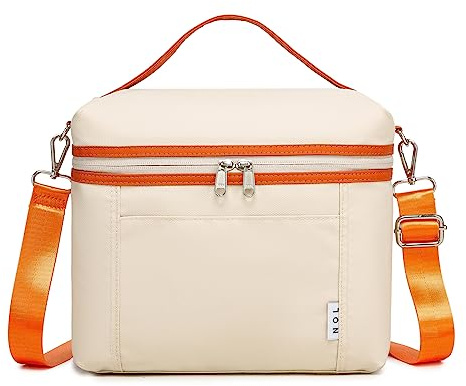 NOL Isolierte Lunchtasche für Damen, Kühltasche, leicht, Nylon, wasserdicht, Lunchbox für die Arbeit (mittelgroß (normal), cremefarben/orange