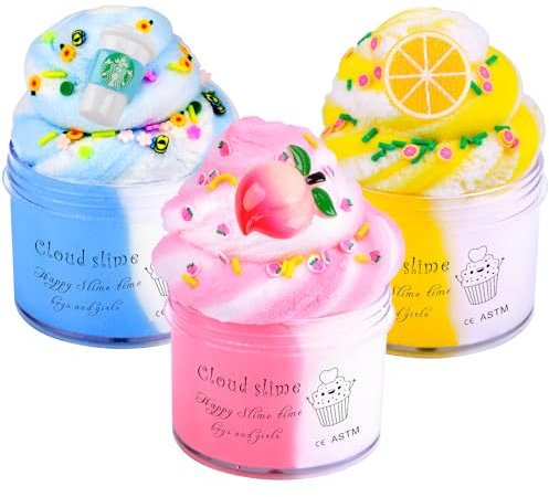 3 Pack Cloud Slime Kit with Pink Yellow and Blue Color, Fluffy Slime Educational Fidget Toys for Kids Valentine Birthday Gifts Party Favors for Girls Boys