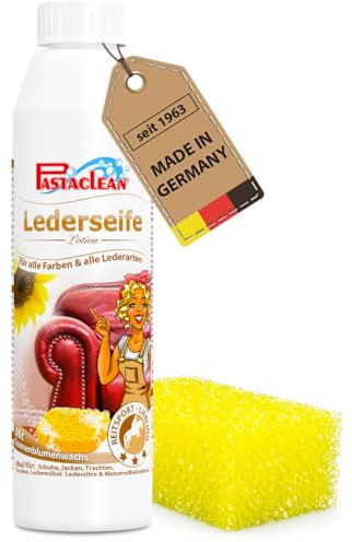 Pastaclean® Lederseife 250ml mit Sonnenblumenwachs | Lederreiniger Sattelseife | Premium Lederpflege für Schuhe, Jacken, Handtaschen, Polster, Autositze, Motorradbekleidung