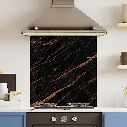 Premium 70 cm x 75 cm Black Gold Marble Glass 6mm Kitchen Splashback Heat Resistant Toughened Polished Edges - Back Splash Back Coloured Hob Painted Tempered Splashback