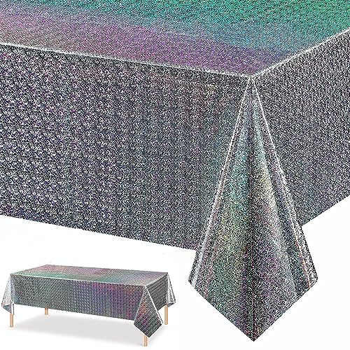 Xinfin Bunt Party Tischdecke, Irisierende Plastik Einweg Geburtstag Tischdecke, 137x274cm Rechteck Wasserdicht Tischtuch für Kinder Mädchen Jungen Geburtstag Party Deko (Silber, 1PCS)