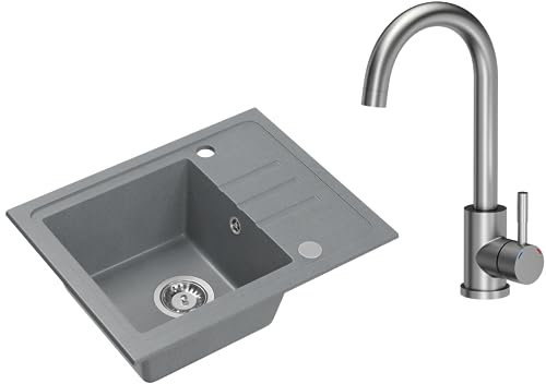 VBChome Spülbecken Granit Grau mit Armatur 55 x 44 cm Einzelbecken Einbauspüle Gesprenkelt Reversibel Granitspüle Siphon Waschbecken Armatur Grau Spülbecken mit Inox Armatur