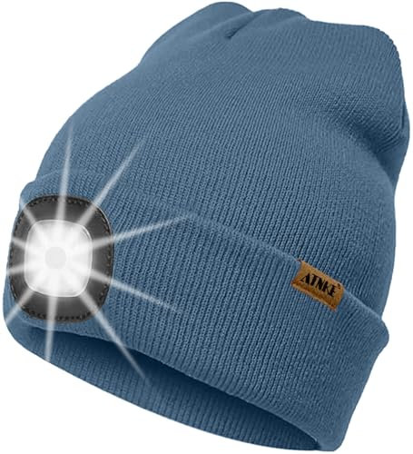ATNKE LED Beleuchtete Mütze mit Licht,Wiederaufladbare USB 4 LED Beleuchtete Laufmütze Extrem Heller Lampe Winter Warme Stricken Mütze Technik Geschenke für Herren und Damen/Shadow Blue
