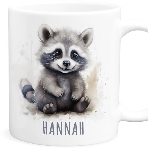 Waschbär Tasse personalisierte Kindertasse mit Namen Waschbärtasse Namenstasse süßes Kinder Geschenk für Jungen & Mädchen Kaffeetasse Teetasse aus Keramik 330 ml (Waschbär)