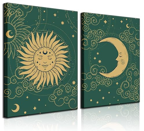 MHYIDUT Fantastische himmlische Sonne und Mond, Wandkunstbilder, Astrologie-Poster, Drucke, goldene und grüne Leinwandbilder, Tarotkarten, böhmische Wanddekoration, mittelalterliche europäische
