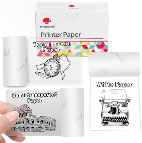 Phomemo Selbstklebendes Thermopapier für Phomemo T02/M02/M02S/M02Pro/M03/M03AS/M04S/M04AS/M832/M833/M834 Mini Thermodrucker, 53mm x 3,5m, Weiß/Transparentes/Halbtransparent Druckerpapier, 3 Rollen