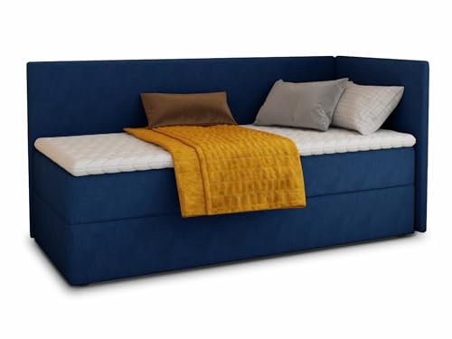 Boxspringbett Flame mit Bettkasten - Einzelbett mit Bonell-Matratze und Topper, Polsterbett, Universelle Bettseite, Bett, Schlafzimmer, Kinderzimmer (Dunkelblau (Kronos 09), 100 x 200 cm)