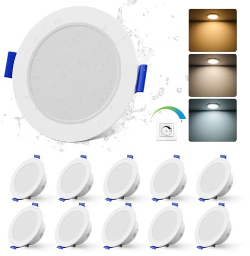 Yafido 6W Faretti LED da Incasso per Cartongesso Dimmerabile,IP65 Faretti da Incasso Ultrasottili, 3000K Caldo 4000K Neutro 6000K Freddo Faretto da Incasso, Ø68-80mm, Set da 10