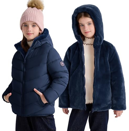 maoo garden Bambina e Ragazza Inverno Reversibile Giacca Bambini Pesi Massimi Soffice Pile Foderato Cappotto Resistente All'Acqua Blu 152