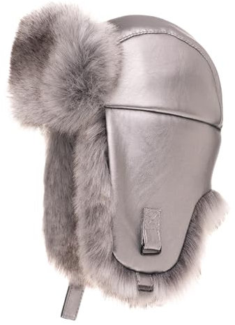 Futrzane Trapperhut aus Leder - Fliegermütze Damen - Russische Mütze Uschanka (M, Silber - Silber Siberian)