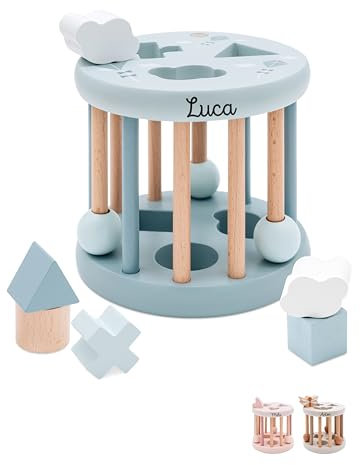 wunderwunsch® - Personalisiertes Formen-Sortier-Rad aus Holz - Montessori Würfel - Baby Motorikspielzeug ab 1 Jahr - Baby Spielzeug 1 Jahr (blau, mit Name)