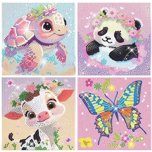 Gutluz Diamond Painting Kinder Tiere Set - 4er Set 5D Diamant Painting Bilder Kinder, DIY Mosaikherstellung Basteln Mädchen Junge 6 7 8 9 10 11 12 Jahre Geburtstage Christmas Geschenk 15x15cm