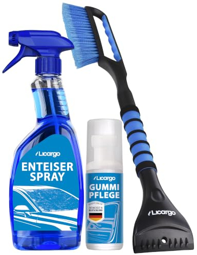 LICARGO Winter Set - Enteiserspray Auto (750ml) - Eiskratzer mit Besen - Gummipflege Auto Dichtung Winter (75ml) - entfernt Eis sekundenschnell & mühelos - reinigt, pflegt & hält Gummi geschmeidig