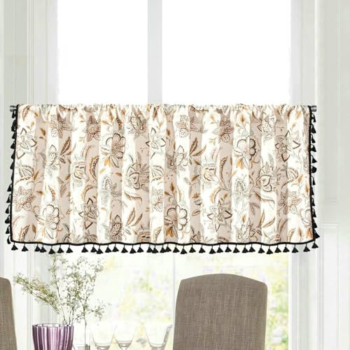 Homxi Küchen Scheibengardinen 1 Teilig,1 x 150W x 91H cm,Scheibengardinen Modern Beige Braun Blumenmuster mit Quasten Vorhang Rod Pocket