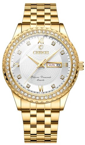JewelryWe Herrenuhr Leuchtende Diamant Uhren: Glitzer Strass 30m Wasserdicht Kalender Analog Quarz Armbanduhr Herren Gold Edelstahl Armband Uhr mit Weiß Römischen Ziffern Diamantskala Zifferblatt