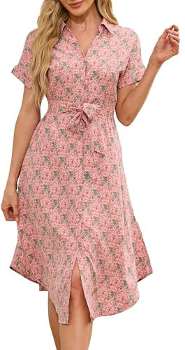 Jiraewh Damen Blumen Sommerkleid Knopf Kurzarm V-Ausschnitt Lose Knielang Kleid High Waist Midi-Hemdkleid Strandkleider Polka Dots Knopfkleid (3038-RRD M)