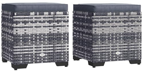 Outsunny Set of 2 Rattan Storage Ottoman, Outdoor Footstool with Removable Cushions, Garden Storage Seat for Balcony, Porch, Living Room, Dark Grey