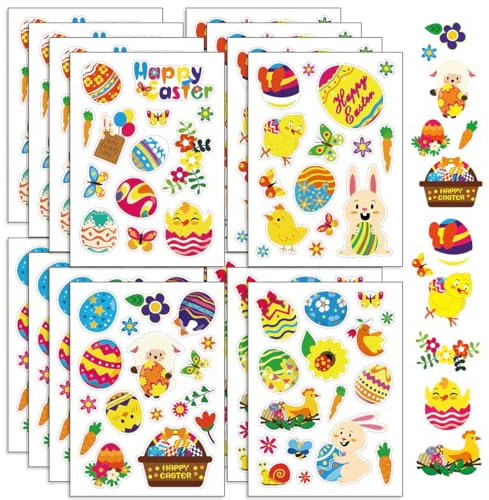 AFCJLTO Ostereier Sticker,16 Sheets Aufkleber Ostern, Ostersticker Kinder Aufkleber Osterdeko,Osterhasen,Eierfarben Ostern Kinder, Kleine Geschenke Für Ostern