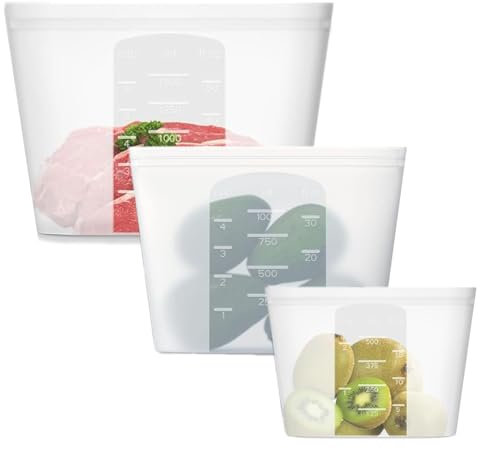 Hikrxya 3 Pack Reusable Silicone Food Storage Bags - Leakproof Eco-Friendly Silicone Meal Prep Container - Sandwich Snack Bags - Dishwasher & Microwave & Freezer Safe (500ml 1000ml 1500ml)