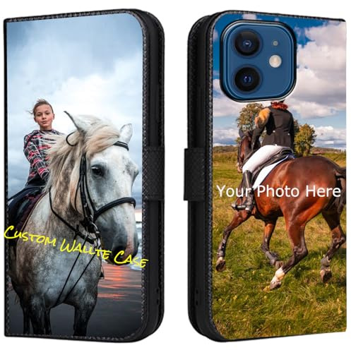 FortiCase Personalisierte Hülle für iPhone 12 mini,Flip Leder Hülle Kartenfach Standfunktion Case,mit Eigenem Foto Bild Text Personalisiert Handyhülle - Black-LN4