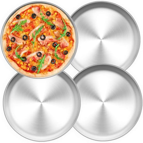 Juego de 4 moldes para pizza de acero inoxidable, 26 cm, extra grueso, bandeja para barbacoa y vajilla de camping, apto para lavavajillas, inoxidable, versátil para pizza, ensalada, pastel (plata