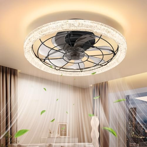 LED Deckenventilator mit Beleuchtung, 49CM Deckenlampe mit Ventilator, Rund Kristall Deckenventilator mit licht Fernbedienung und Anwendungen, 3 Farbtemperatur und 6 Geschwindigkeiten für Schlafzimmer