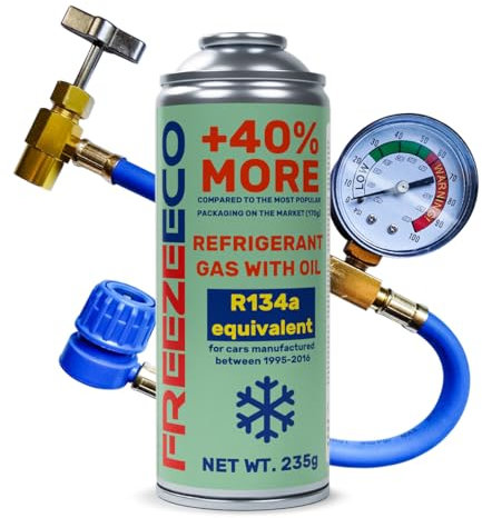 FreezeECO Set de 2 unidades: gas 2 en 1 con aceite refrigerante 235 g tipo A + manguera de manómetro de 15/30 cm FE tipo A [R134a/R12 equivalente – coches 1995 – 2016] tipo A (11,5 mm) 235 g