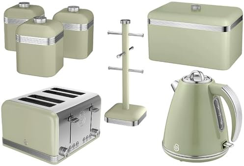 Swan Retro Green 1.5L 3KW Jug Kettle, 4 Slice Toaster, Bread Bin, Set of 3 Tea, Coffee, Sugar Canisters & Mug Tree. Retro Design Matching Kitchen Set of 7 in Green