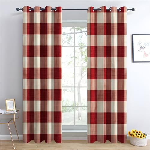 Luxfieo Rideau Occultant Carreaux Buffalo - Décoration Carreaux Buffalo, Rideau Thermique Motif Rouge et Beige Plaid, Lot de 2 Rideaux Opaque à Oeillets pour Fenetre Chambre Salon, 140x260 cm (LxH)