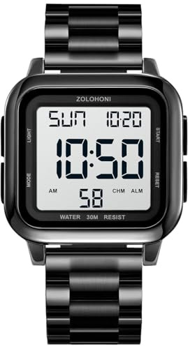 zolohoni Square Men's Digital Watch Big Numbers Dial Large Face Waterproof LED Watches with Alarm Date Stopwatch