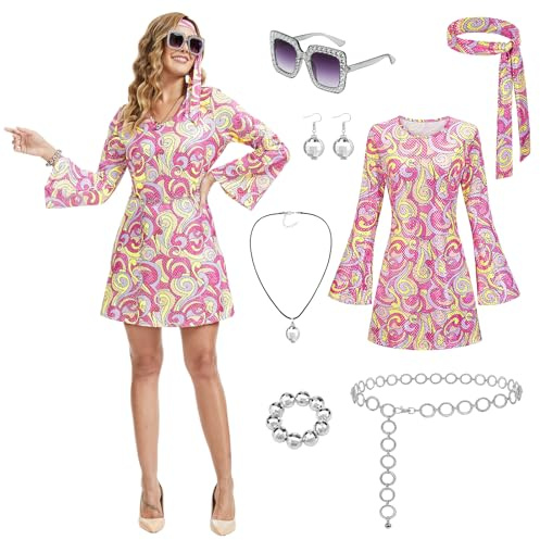 JDFAIJEAL Damen 70er Disco Kleid mit Glockenärmeln,Geometrisches Muster | Retro Party Outfit,Weitgeschliffenen Ärmeln,Passender Schal & 5-tlg Accessoire Set,70er Jahre Themenfeiern Kostüm