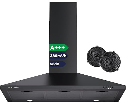 Hotte Aspirante 90 cm Classe A+++, Hotte Cuisine 380m³/h,Évacuation ou Recyclage,Filtre au Charbon Inclus,Cheminée Extensible,Hotte Murale,Noir