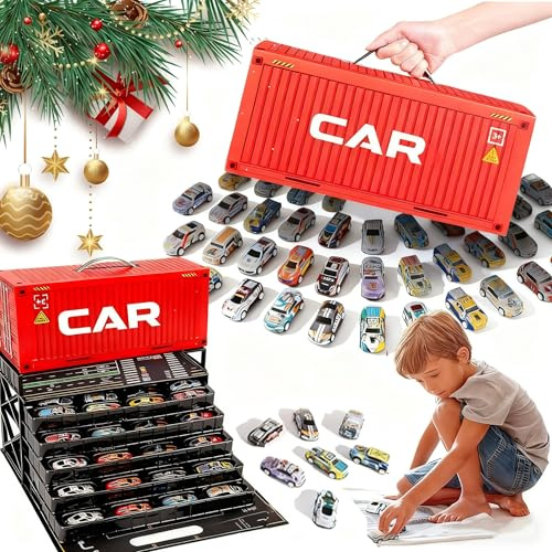 48 Mini Pull-Back Cars with Built-in Garage Set,Die-Cast Alloy Racing Car Toys,Friction Powered Vehicles with Storage Box & Play Map,Mini Metal Cars Party Favors for Boys & Girls (Red)