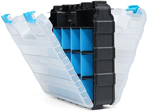 ZAVIA Double Sided 34-Compartment Tool Box Organiser | Transparent Assortment Box for Hardware Adjustable Tool Storage Box with Removable Plastic Partitions | Lockable Screw Box for Small Tools