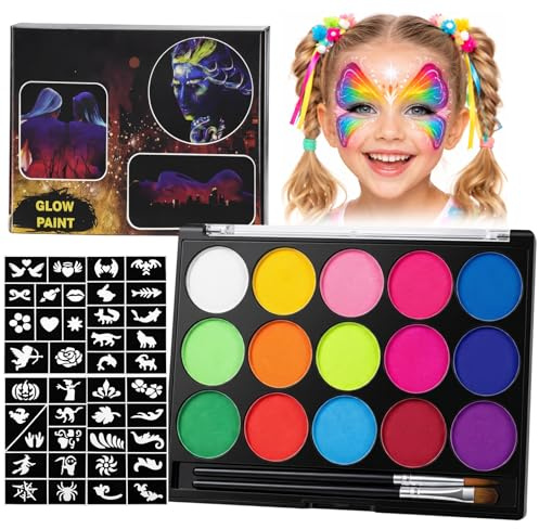 Erinde Peinture Visage 15 Couleurs, 4 Gabarits de Tatouage Enfant, Palette Fluorescente UV, Maquillage Carnaval pour Visage, Non Toxique & Sûr pour Enfants, Idéal pour Fêtes & Festivités