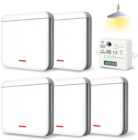 Ghekkli Funk Lichtschalter, 433 MHz Funksteckdosen mit Fernbedienung, 2200 W/10 A Funk Schalter und Funk-Empfänger - FunkWandsender (5 Schalter + 1 Empfänger)