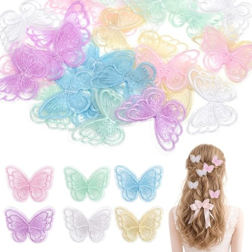 30 PCS Embroidery Butterfly Patches, Double Layer Organza Butterfly Iron on Patches, Butterfly Applique Decorations for DIY Crafts Wedding Bridal Party Headdress Clothes Hair Accessories(6 Colors)
