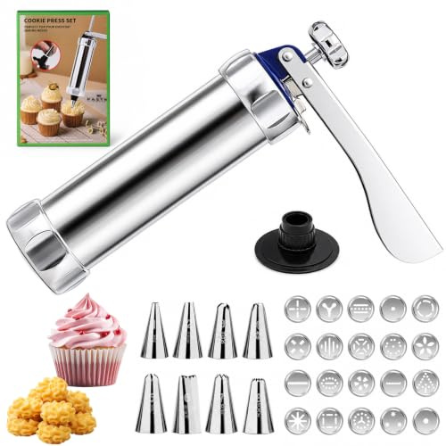 HX-pyahgtv Gebäckpresse für Spritzgebäck Edelstahl, Cookie Press, Keksmaschine,mit 20 Schablonen und 8 Edelstahl Tüllen Backzubehör Gadgets Zum Keksbacken,für Kekse Kuchen Plätzchen