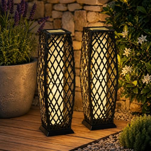 Gr8 Garden Set of 2 Solar Rattan Floor Lanterns, Charcoal Wicker Effect Outdoor Pathway Lights, LED Garden Patio Lamps, Warm White, Auto On/Off, Solar Powered, IP44