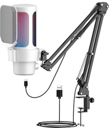 Cocoarm USB Microphone RGB Gaming Mic 192kHz 24bit Cardioid Condenser with Quick Mute Gain Knob and Metal Boom Arm for PC Streaming Gaming Meetings Recording (White)