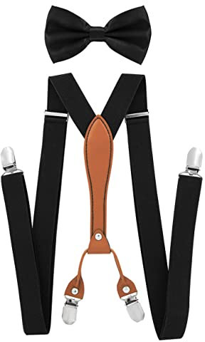 axy Herren Hosenträger mit Fliege im 2er Set Breit 2,5 cm X-Form und 4 Starken Clips PU25 (Schwarz)