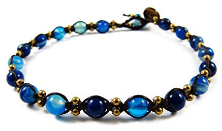 Fußkettchen mit blauen Achat Perlen - Thailand Makramee Tribal Surfer Fußband