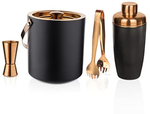 Steren Impex Ensemble de 4 barres en acier inoxydable avec revêtement PVD pour boisson/cadeau, double paroi – Seau à glace, pince, mesure de cheville et shaker à cocktail