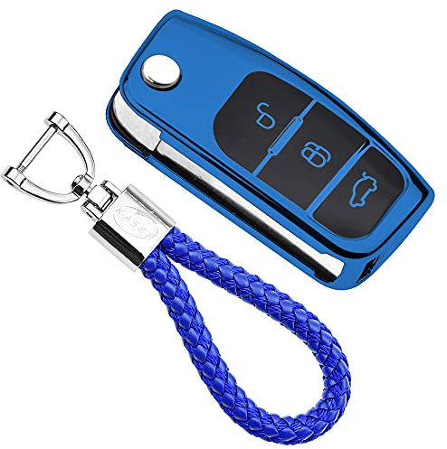 KASER Cover Guscio Chiave Silicone compatibile per Ford Custodia in TPU adatto per Ford Fiesta Focus Fusion Mondeo C-Max Kuga Ecosport Protezione Telecomando con Portachiavi (Blu)