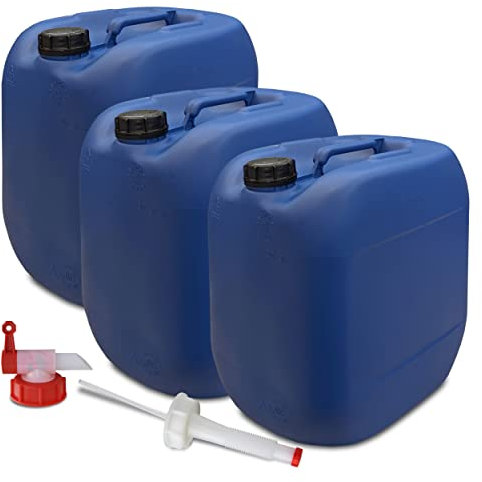 plasteo® Set 3 x 30 Liter Getränke- Wasserkanister mit 1 Hahn + 1 flexiblem Ausgießer und 3 Schraubdeckel (DIN 61) | Lebensmittelecht | Indoor und Outdoor | BPA Frei Blau
