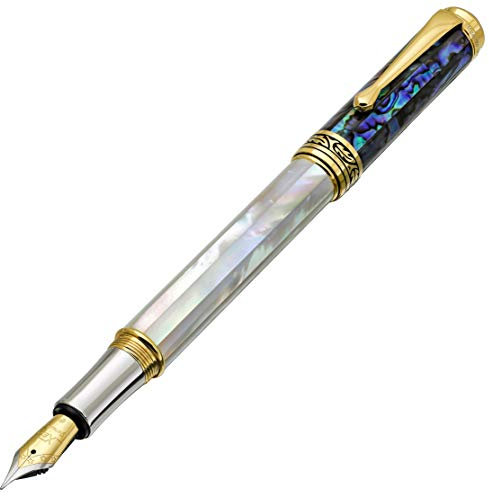 Xezo Maestro Fountain Pen, Fine Nib. Iridescent Oceanic Origin White Mother of Pearl and Pāua Sea Shell. 18 Karat Gold and Pure Platinum Plating. No Two Alike