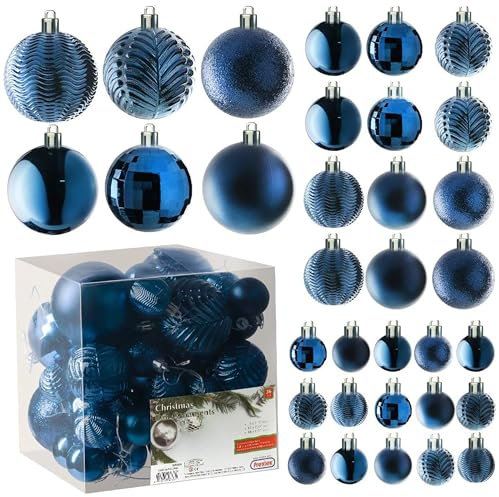 Prextex Midnight Blue Christmas Ornaments Balls- 36-Piece Shatterproof Christmas Balls Set - Elegant Blue Christmas Tree Baubles in Matte, Glitter, and Shiny Finishes - Navy Blue Decorations, 3 Sizes