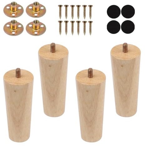 Patas de Muebles de Madera Maciza 12 cm - 4 Piezas Cónicas para Mesa, Cama, Sofá, Comedor, Armario y Mesa de Café - Con Placa de Montaje, Tornillos y Rosca M4