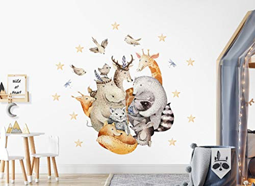 Wandtattoo Waldtiere I Reh Giraffe Fuchs Bär Vögel Sterne Kinderbilder Junge Kinderzimmer Mädchen Aufkleber Osomhome os8860 (135x125cm)